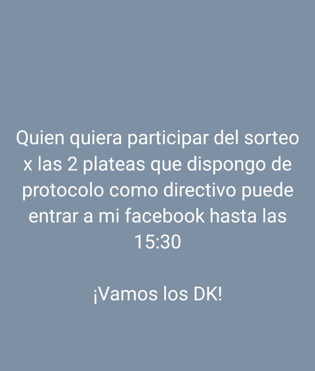 Quien quiera participar del sorteo por las 2 plateas de protocolo que tengo como directivo lo invito a participar desde mi facebook 
facebook.com/share/p/1E6sLK…

¡ Abrazos y Vamos los deca !