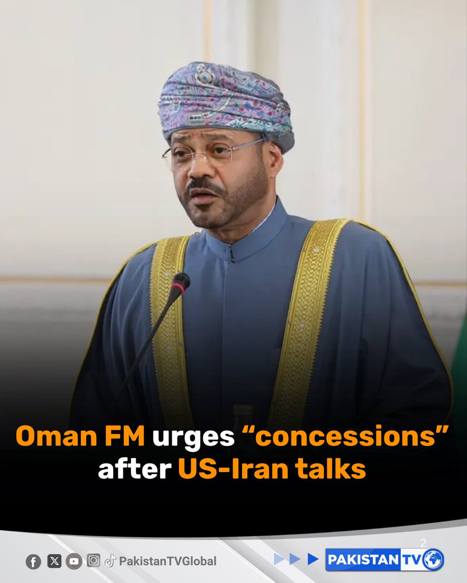 PakTVGlobal's tweet image. Oman’s Foreign Minister Badr al-Busaidi calls for extended ceasefire and continued US-Iran talks, saying that success may require “painful concessions” to avoid war.

#Oman #USIranTalks #IslamabadTalks #Ceasefire #MiddleEastConflict #PakistanTV