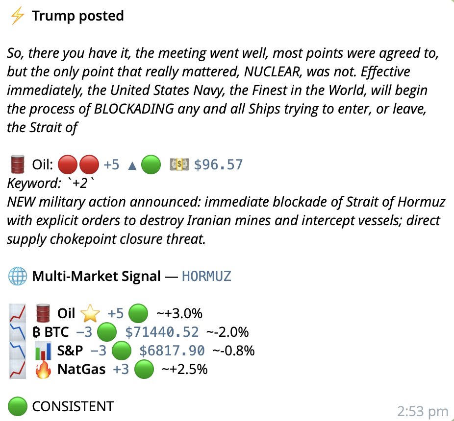 aiyieldai's tweet photo. The OIL signal bot and the API are free the use for the next 7 days.
Signals come-in 5-30 seconds after Trumps post.

If there is demand: we can lower this to 1-3 seconds.
Providing higher signal value.

The last post was fully captured.📈

OIL Signal bot tg: https://t.co/zLb6ycTPfl

Ideas/feedback 👇