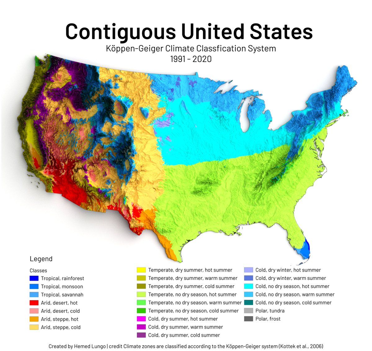 725Hemeed's tweet image. Map showing the incredible climate diversity of the contiguous U.S. using the Köppen-Geiger system (1991–2020) 🗺️ From desert heat to boreal cold — every color tells a story. #gischat #Cartography #Maps #b3d #qgis #data