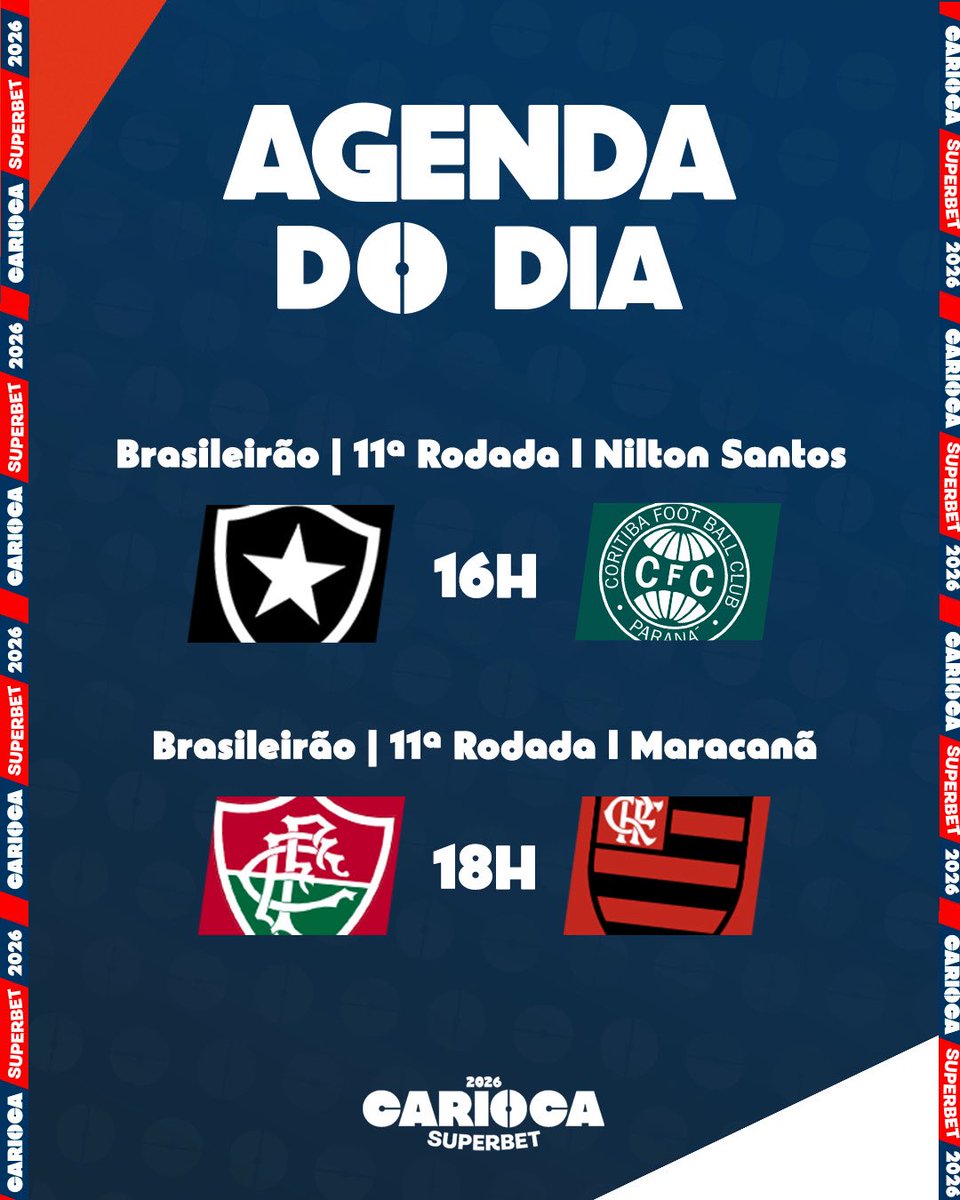 Cariocao's tweet photo. DOMINGÃO DE FUTEBOL! ⚽️ 

O Glorioso recebe o Coritiba no Niltão e pra fechar o dia, Fla-Flu no palco do Maraca! 📍

E aí, quem vence hoje?

#CariocaSuperbet2026 https://t.co/CxYeZJJruu