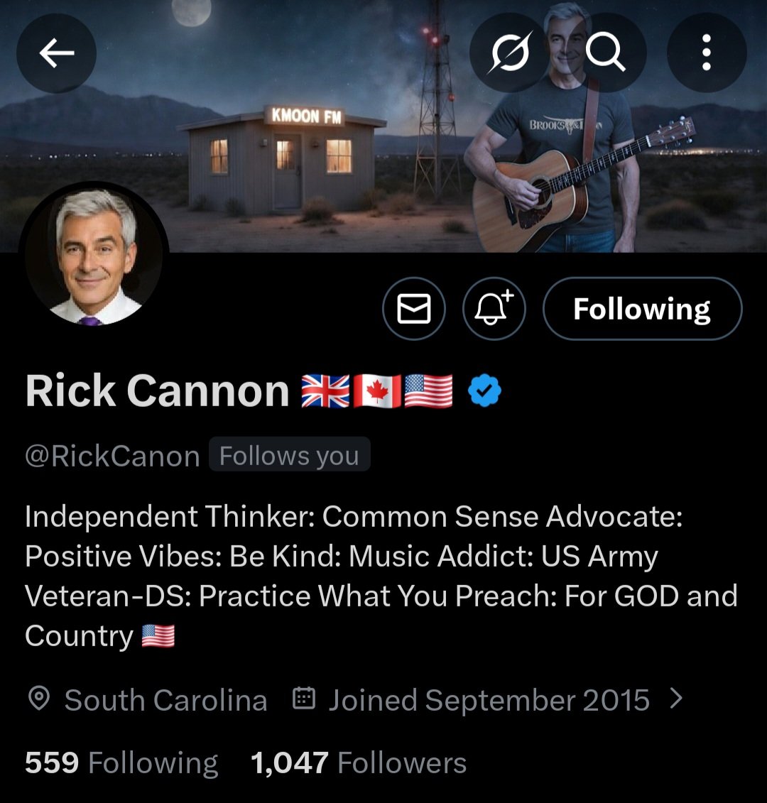 Hey friend's 
I have an amazing Veteran friend 🇺🇸
<a href="/RickCanon/">Rick Cannon 🇬🇧🇨🇦🇺🇲</a> 
Enjoys music 🎶, jokes 🤣, news!
Please give him a follow and repost!
Thank you 🇺🇸🇺🇸🇺🇸