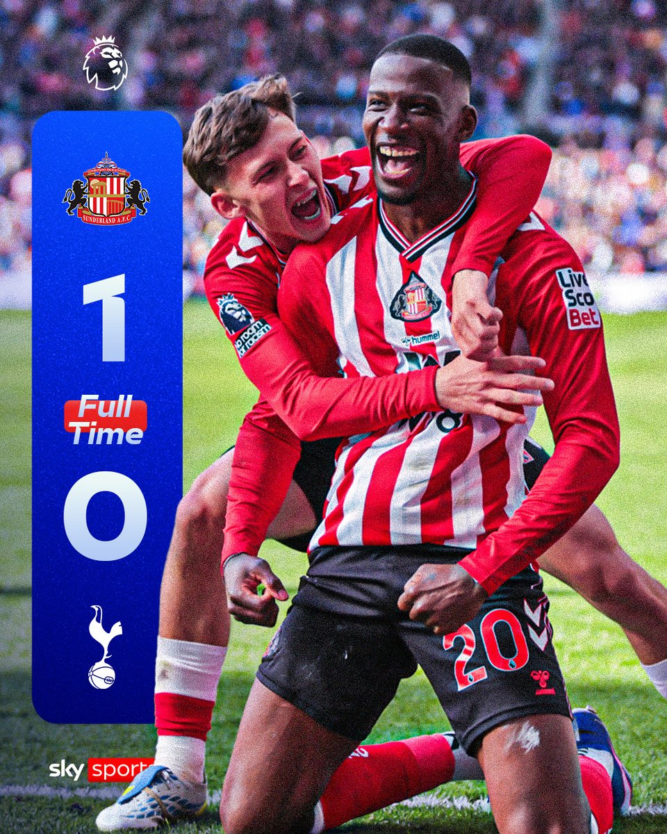SkySportsPL's tweet photo. FULL-TIME: Spurs’ Premier League survival hopes are no longer in their hands, with just SIX games left to save their season as Nordi Mukiele fires Sunderland to all three points! 💥 https://t.co/GtiEOKVvWF