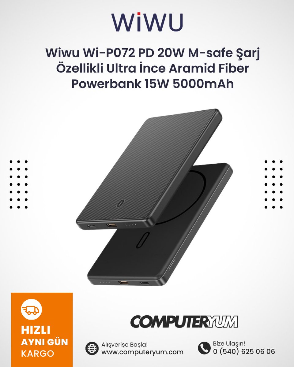 computeryum's tweet image. Wiwu Wi-P072 ultra ince tasarımı, 5000mAh gücü ve M-safe uyumlu kablosuz şarj özelliğiyle gün boyu enerjin bitmesin. Hafif, şık ve güçlü!

🛒 Hemen keşfet: computeryum.com

#Computeryum #Wiwu #Powerbank #KablosuzŞarj #MagSafe #TaşınabilirŞarj #Teknoloji #Ankara