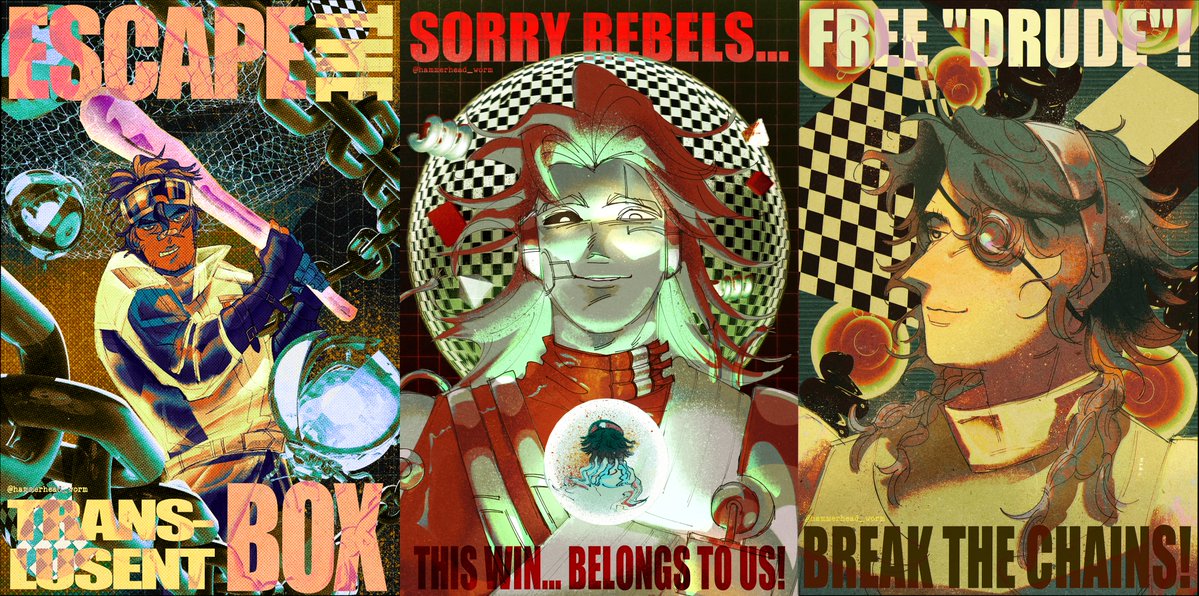 hammerhead_worm's tweet image. heres all 3 posters together 🌷🏏🎱🏹#joy #happiness