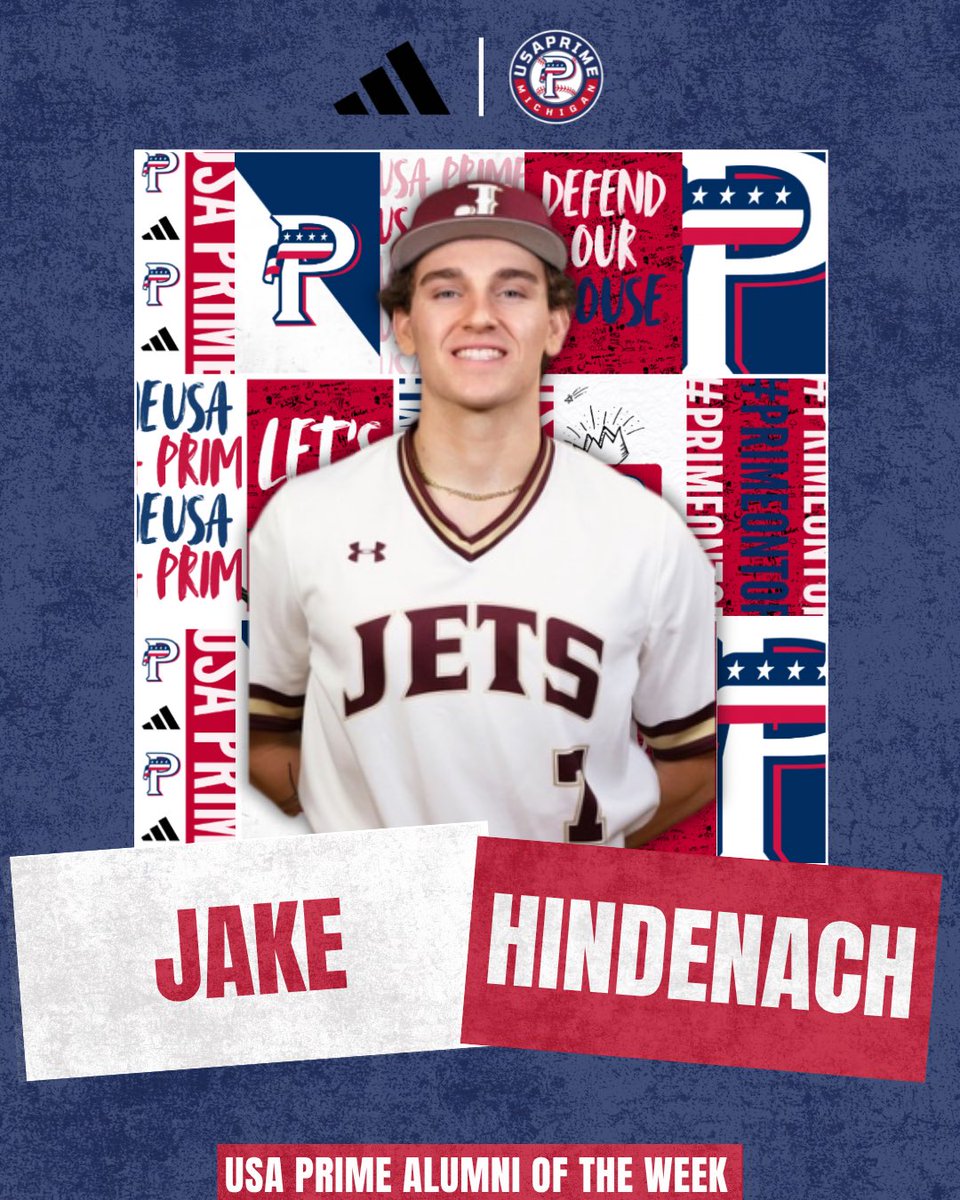 USAPrimeMI's tweet photo. 🇺🇸 USA PRIME ALUMNI OF THE WEEK 🇺🇸

Absolute two-way dominance from Jake Hindenach (Jackson CC)

At the plate:
📊 .471 BA
💥 14 XBH
🚀 3 HR
🔥 19 RBI

On the mound:
⚾️ 5 IP
💪 6 K
📉 3.38 ERA

#PrimeOnTop #PrimeAlum #AlumniOfTheWeek https://t.co/sGWG92qPzY