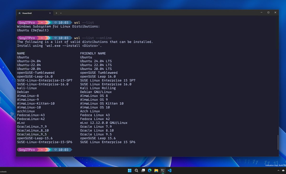 SoyITPro's tweet image. "wsl --list" te lista las distros de WSL que tienes instaladas.

Mientras que "wsl --list --online" las que estás disponibles para instalar.

#Windows11