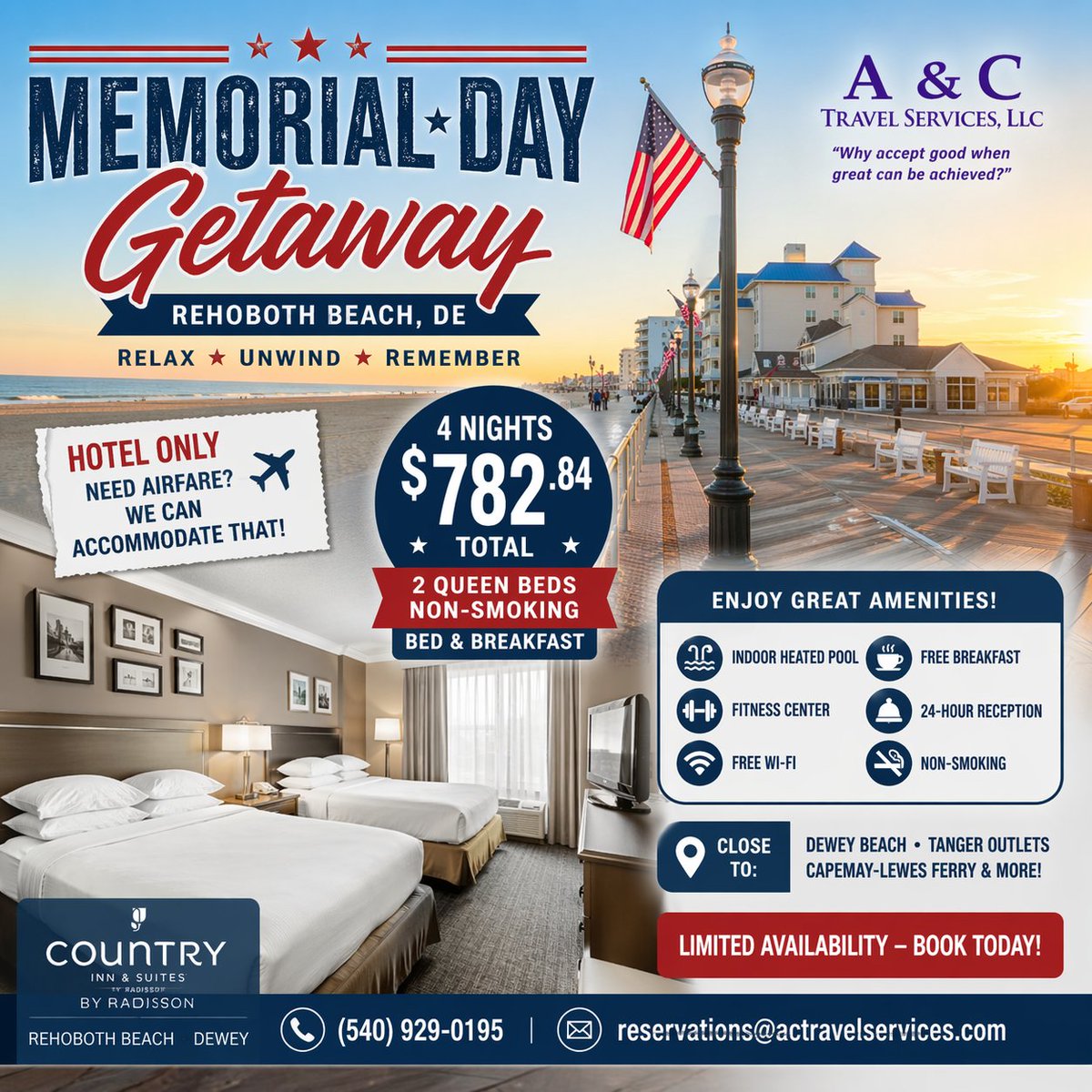 ACTRAVELSERVICE's tweet image. Memorial Day Getaway! 🌊
Rehoboth Beach, DE – 4 Nights
🏨 Country Inn &amp;amp; Suites
🛏️ 2 Queen Beds + Breakfast
💲 $782.84 total

🚗 Hotel Only | ✈️ Flights Available
📲 (540) 929-0195
📧 reservations@actravelservices.com

#TravelDeals #MemorialDay #BeachTrip
wix.to/dJzy3OW