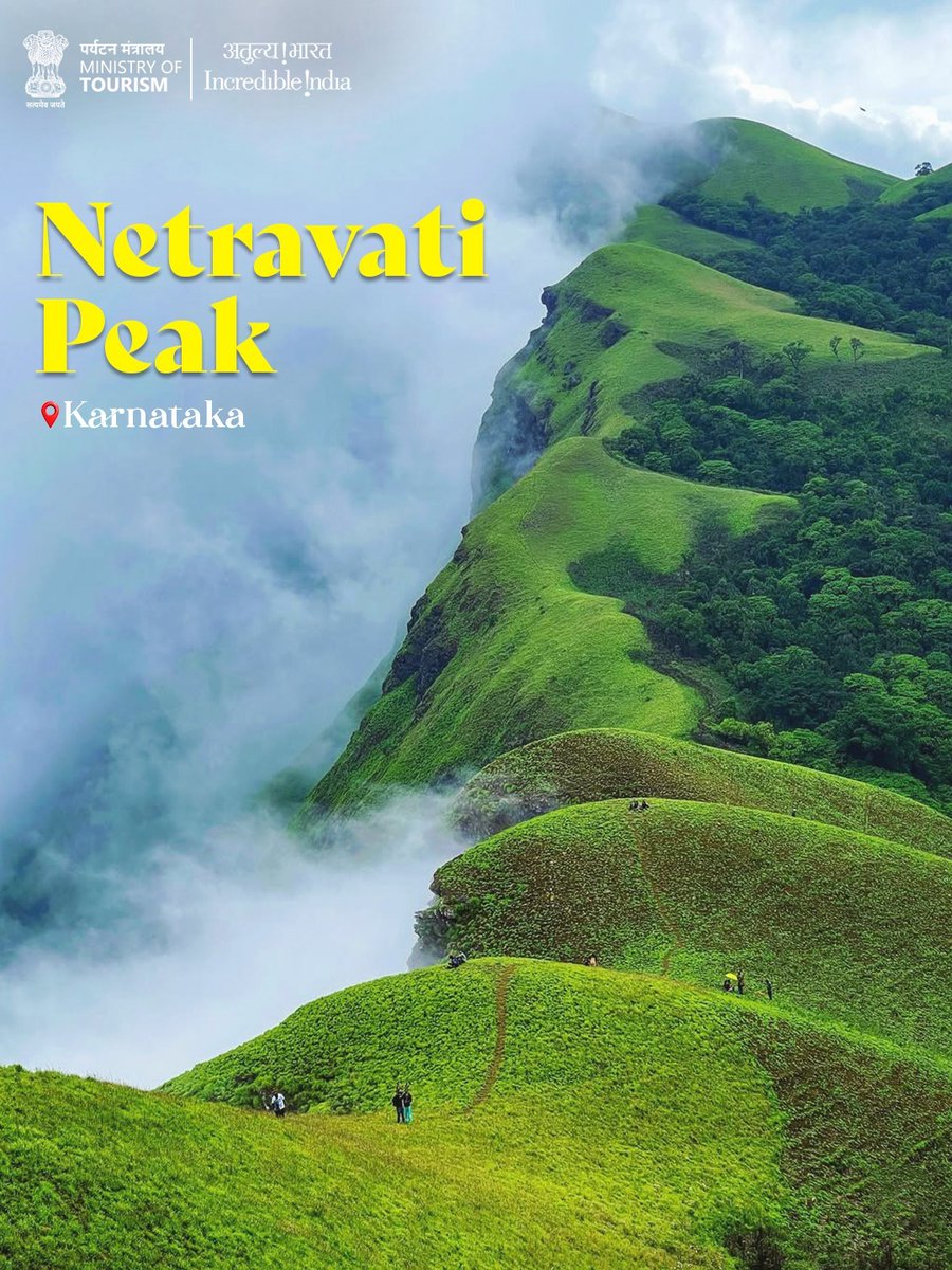 incredibleindia's tweet image. Cradled in the Western Ghats of #Karnataka’s Chikkamagaluru district, Netravati Peak invites you on a journey through the lush Kudremukh mountain range. As you ascend, the landscape unfolds into sweeping vistas of rolling hills and forested valleys, leaving you with indelible