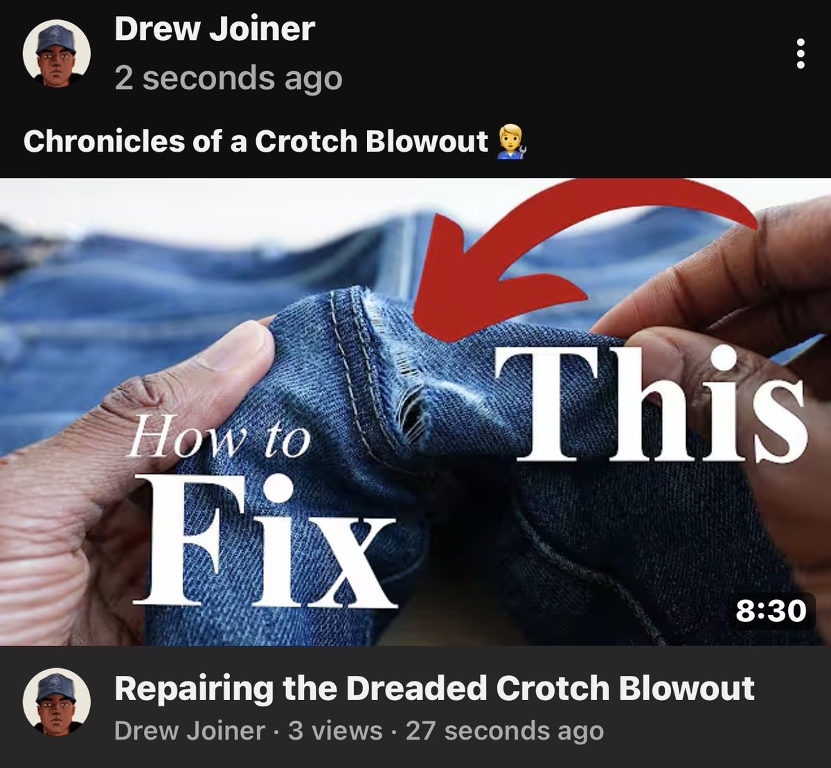 drewejoiner's tweet photo. Repairing the Dreaded Crotch Blowout 

https://t.co/Cov8NvLtFD https://t.co/u13wmlQoy7