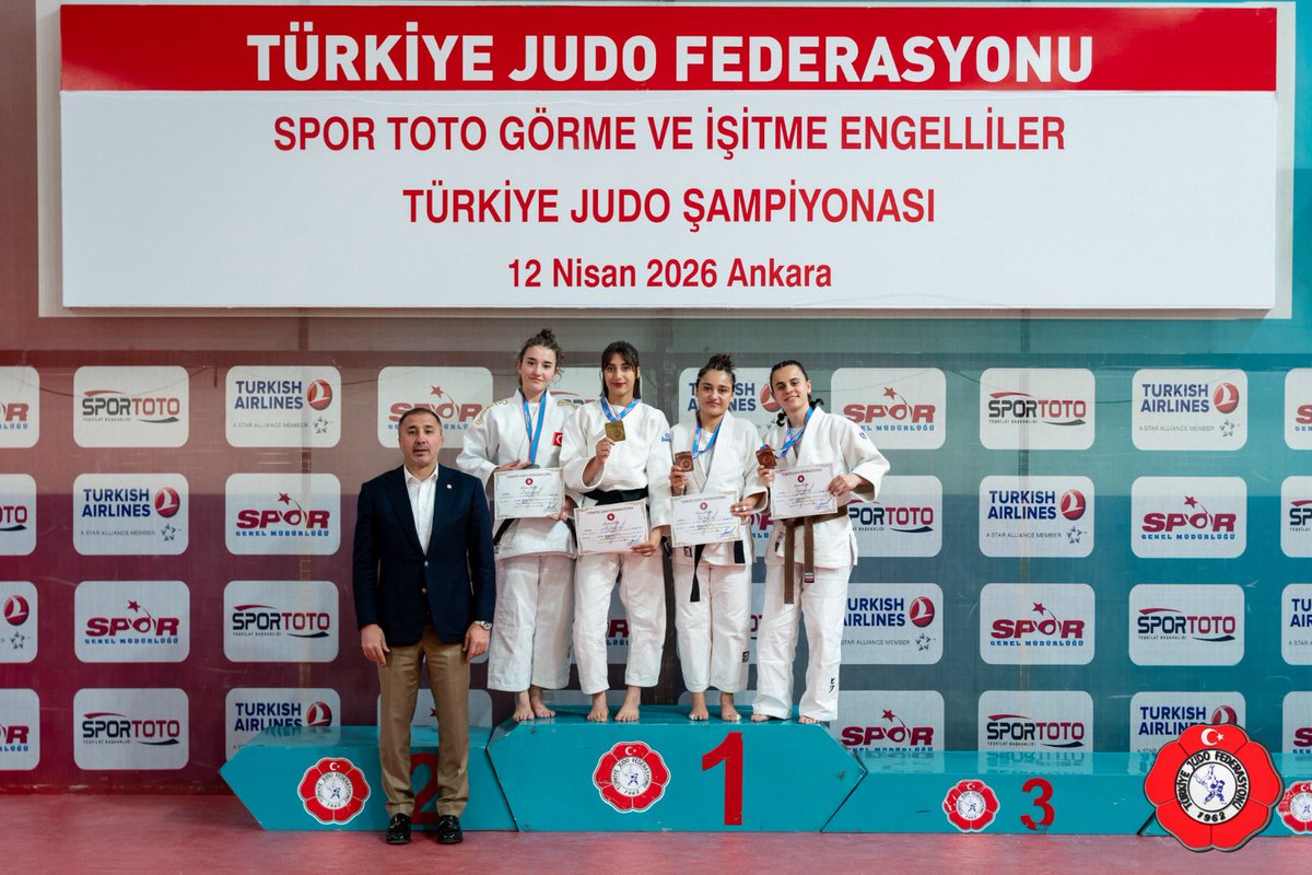 turkjudo's tweet photo. Spor Toto İşitme Engelliler Büyükler Türkiye Judo Şampiyonası Sonuçlandı!

Federasyonumuzun 2026 yılı faaliyet programında yer alan Spor Toto İşitme Engelliler Büyükler Türkiye Judo Şampiyonası, 12 Nisan 2026 tarihinde Ankara’da, Türkiye Judo Federasyonu Spor Salonu’nda gerçekleştirilen müsabakaların ardından sona erdi.

Şampiyonada dereceye giren sporcular şu şekilde oluştu:

Erkekler

-60 kg: 1. Nurullah Dundar (İstanbul), 2. Mehmet Akif Erciyes (Kayseri), 3. Abdulbaki Ceviz (Konya), Ramazan Yalçın (Diyarbakır)

-66 kg: 1. Müslüm Beraat Aslan (Antalya), 2. Cihangir Yıldırım (Gaziantep), 3. Nazifhan Özen (Denizli), Doğan Çakır (Samsun)

-73 kg: 1. Abdullah Kerim Kalaycı (Tokat), 2. Metin Tekin (Gaziantep), 3. Murat Eren Gül (Eskişehir), Fırat Yıldırım (Kocaeli)

-81 kg: 1. Emrah Dundar (İstanbul), 2. Atakan Arslan (İstanbul), 3. Niyazi Karlıdağ (Kilis), Ali Sarp (Denizli)

-90 kg: 1. Yusuf Çelik (İzmir), 2. Ercan Ödüngit (Diyarbakır), 3. Hasan Öz (İstanbul), Recep Karakuş (Eskişehir)

-100 kg: 1. Muhammed Delil Peksert (Kocaeli), 2. Mevlüt Akmaz (İzmir), 3. Galip Şükrü Afşar (Denizli), Yiğit Gök (İstanbul)

+100 kg: 1. Cihan Ayberk Tiyek (Kahramanmaraş), 2. Melik Fırat Şengüler (Van)

Kadınlar

-48 kg: 1. Beyza Tıraş (Ankara)

-52 kg: 1. Pervin Dilaver (Iğdır), 2. Ayşe Beril Boyacı (Ankara), 3. Dilek Altın (Gaziantep), Gamze Çalışkan (Samsun)

-57 kg: 1. Buse Tıraş (Ankara), 2. Gülderen Güzel (Kilis)

-63 kg: 1. Bircan Altuntaş (Ankara), 2. Berika Başak Çınar (Afyonkarahisar), 3. Betül Ekici (Eskişehir)

-70 kg: 1. Didem Öğdü (Diyarbakır), 2. Sevcan Yağız (Ankara), 3. Gizem Son Uyanık (Eskişehir)

-78 kg: 1. Berna Öz (Kocaeli), 2. İnci Göger (Samsun)

+78 kg: 1. Münife Aydın Doğan (Denizli)

Şampiyonada dereceye giren tüm sporcularımızı tebrik ediyor, başarılarının devamını diliyoruz.

#TürkiyeJudoFederasyonu