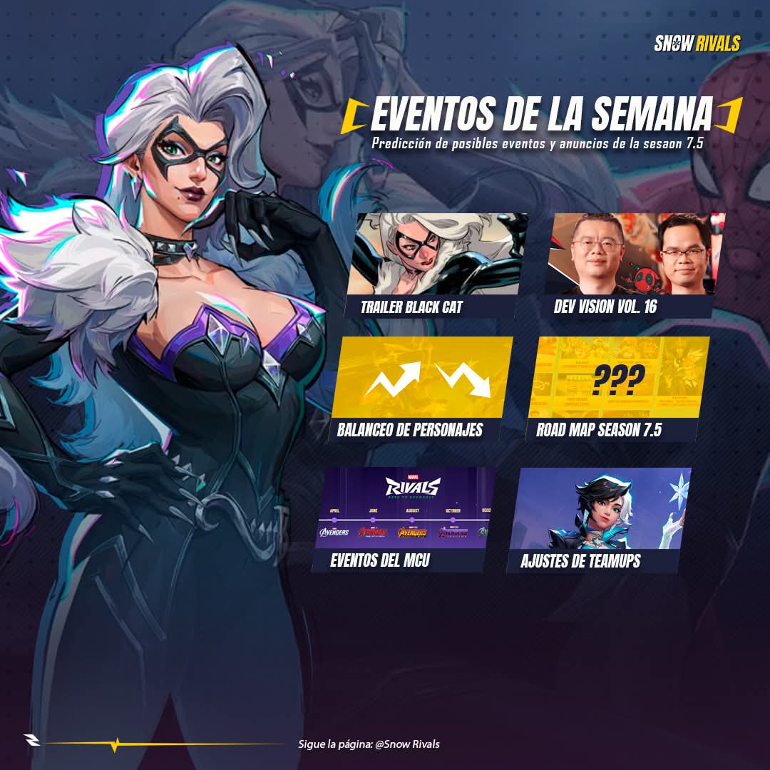 EVENTOS DE LA SEMANA

Esta semana tendremos bastantes noticias con el inicio de la  7.5 y la llegada de Black Cat y muchas sorpresas más, y como siempre el becario hará cobertura de todos los eventos así que estén al pendiente.

 #marvelRivals #marvelrivalslatam #marvelrivalsnews