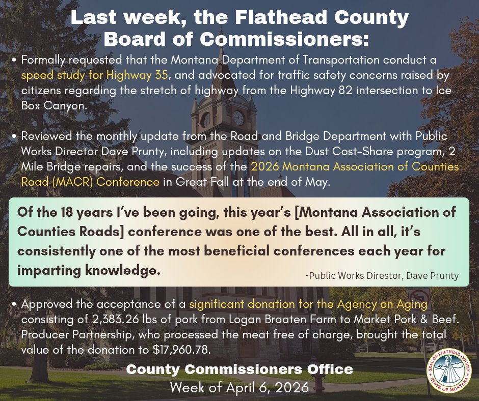 MtFlathead's tweet image. Track the latest developments and discussions that are shaping our community. Simply head to our link at flathead.mt.gov/department-dir… to access the current minutes and immerse yourself in the pulse of our county.
#flathead #flatheadvalley #CommunityUpdates #CountyNews #LocalGovernment