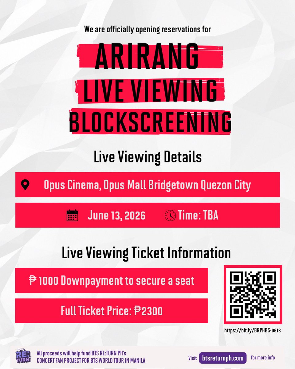 ARMY 💜

We are officially opening reservations for our ARIRANG Live Viewing  in Busan Block Screening! 🎬✨

But wait… this is not just a block screening 👀
This will be a SPECIAL screening because it’s FESTA DAY 🥳💜

🔗 Reserve here: bit.ly/BRPHBS-0613
