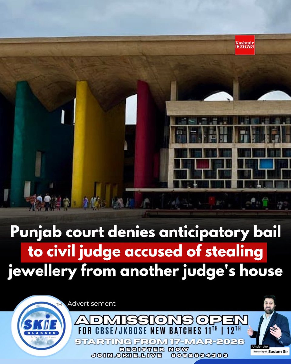 kashmircrownews's tweet photo. Punjab court denies anticipatory bail to civil judge accused of stealing jewellery from another judge’s house.

A criminal case alleging theft at the house of late Kanwaljit Singh, who was an Additional District & Sessions Judge, was registered last month.

#BarandBench #legalnews #latestlegalnews