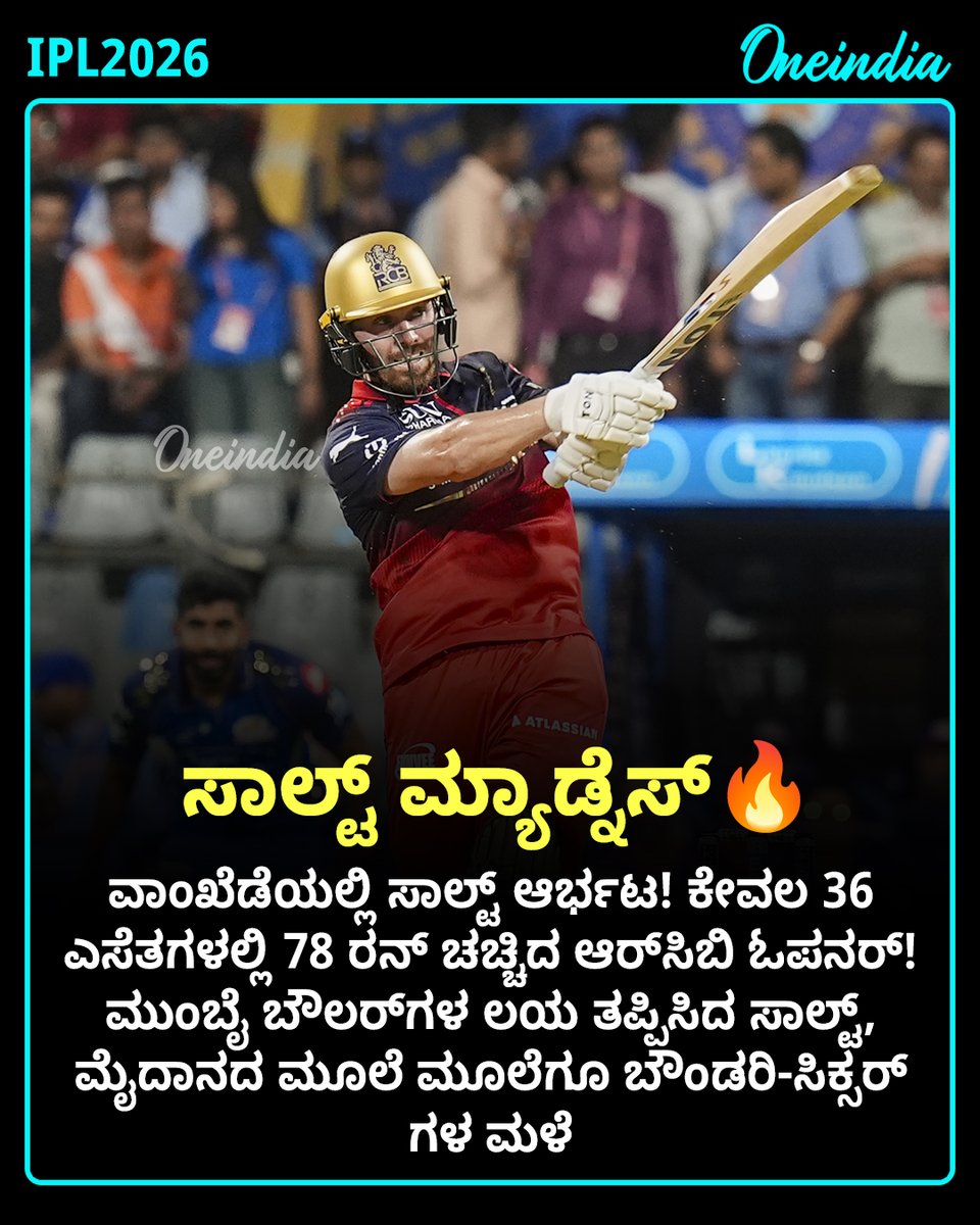 OneindiaKannada's tweet photo. ವಾಂಖೆಡೆಯಲ್ಲಿ ಸಾಲ್ಟ್ ಆರ್ಭಟ! ಕೇವಲ 36 ಎಸೆತಗಳಲ್ಲಿ 78 ರನ್ ಚಚ್ಚಿದ ಆರ್‌ಸಿಬಿ ಓಪನರ್!

#PhilSalt #SportsUpdate #IPL2026 #OIKannada #Oneindia #RCB #PlayBold #IPL2026 #MIvsRCB #Wankhede #ExplosiveBatting https://t.co/LVfx09PBPg