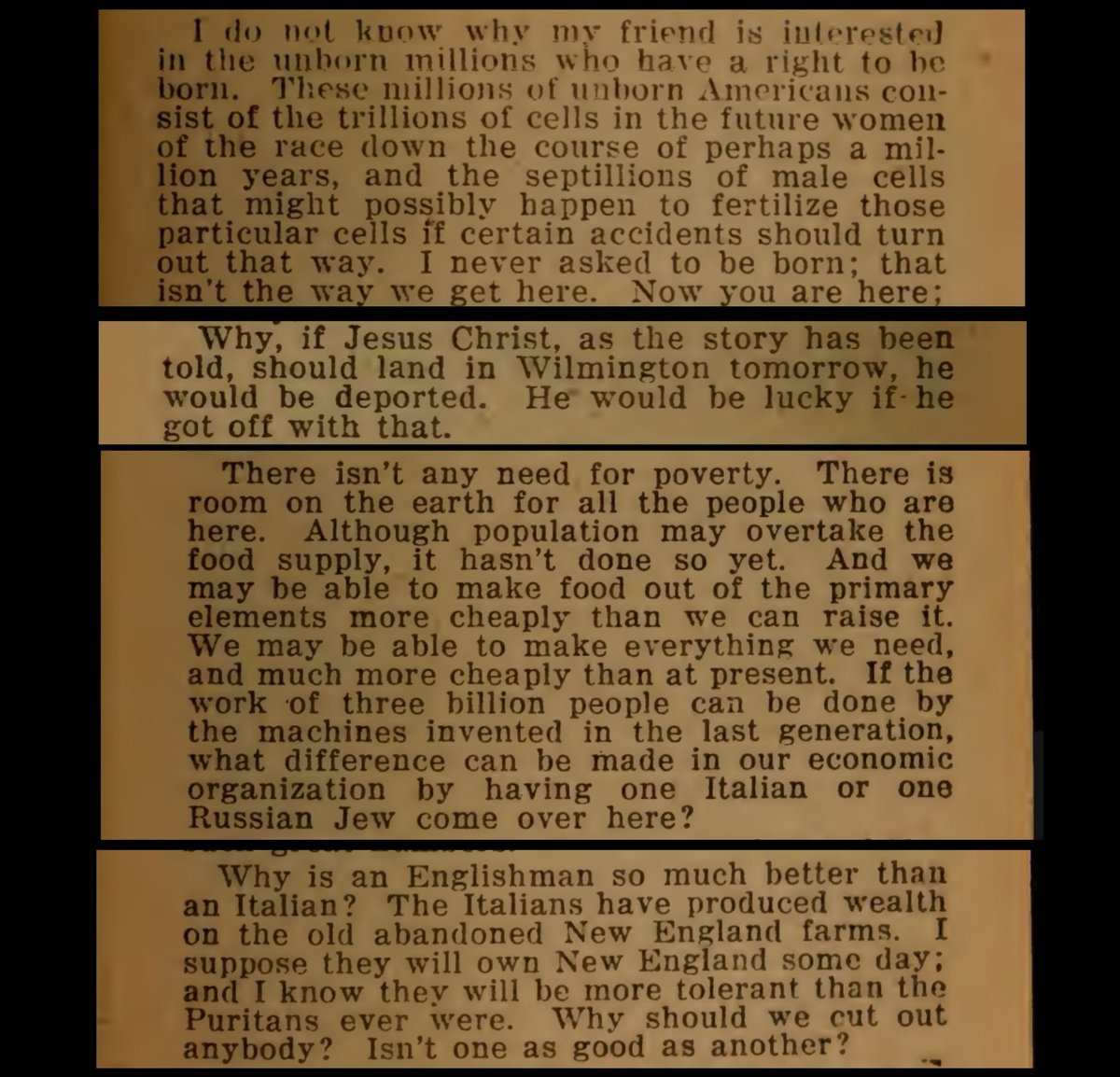 derzum_'s tweet photo. Open Borders liberal says it doesn't matter who enters the US bc 'we're all random cells' and if restrictionists had it our way we'd deport the next Jesus Christ. 

He adds 'we have enough to feed everyone' and says immigrants taking over will make America richer &amp; tolerant. 1929 https://t.co/NtccAlaKx4