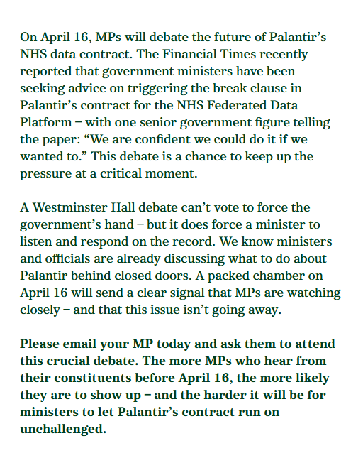 owenboswarva's tweet image. NHS Federated Data Platform: debate on 16 April whatson.parliament.uk/event/cal54979 + parliamentlive.tv/Event/Index/e1…

Foxglove is encouraging people to ask their MP to attend foxglove.org.uk/campaigns/pala…

Palantir contract contractsfinder.service.gov.uk/notice/0f8a65b…

#NHSdata #patientdata  #datasharing #dataprotection
