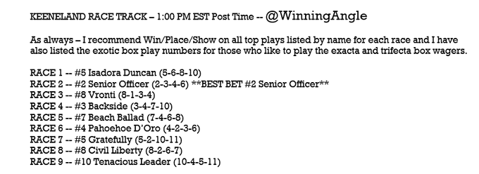 SUNDAY KEENELAND HORSES 🏇 - Top Plays listed by name for each race (WPS) along with the exotic box play numbers for those that like the exacta/trifecta boxes.  Let's have some fun, enjoy the racing, and end this weekend off right!! #HorseRacing #Keeneland
