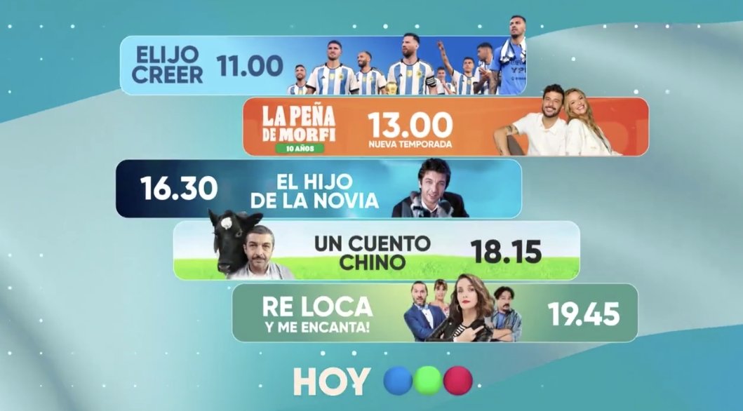 ARGTeve's tweet photo. #Adelanto Domingo nacional en Telefe 🇦🇷
📌 11.00 #ElijoCreer
📌 13.00 #LaPeñaDeMorfi con Carina Zampini y Diego Leuco - Estreno
📌 16.30 #ElHijoDeLaNovia
📌 18.15 #UnCuentoChino
📌 19.45 #ReLoca https://t.co/JOJBmghRYW