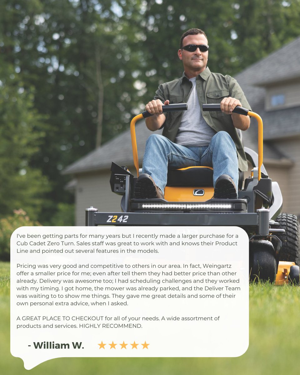 Weingartz's tweet image. William recently upgraded to a Cub Cadet zero turn and shared his experience with our Cedar Springs team:

Ready to upgrade your mower this season? Stop in and let our team help you find the right fit.

Riding mowers bit.ly/40Prtt5

#Weingartz #CustomerReview #LawnMowers