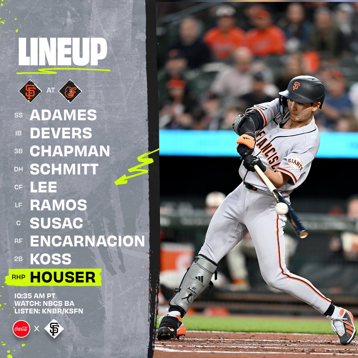 SFGiants's tweet image. Sunday starters 

⌚️: 10:35 a.m. PT 
📍: Baltimore, MD 
📺: @NBCSGiants 
📻: @KNBR | KSFN  

#SFGiants | @CocaCola