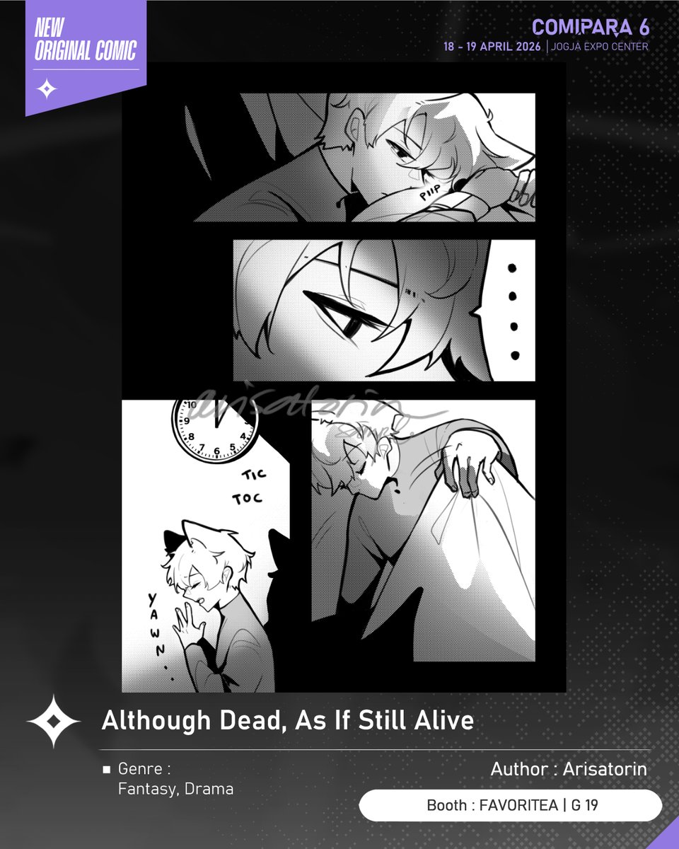 comipara_id's tweet image. [COMIC RAID]
Author: Arisatorin
Booth: G 19  -  FAVORITEA

Kali ini ada komik baru karya Kak Arisatorin, berjudul "Although Dead, As If Still Alive" yang akan dijual di Comipara 6 besok lho!

Sampai ketemu di venue! ✨

Comipara 6
18-19 April 2026
Jogja Expo Center

#comicraid6