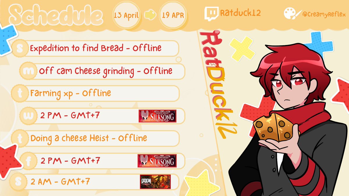 ratduck12's tweet photo. 🐀Schedule Stream for next week! April 13 - April 19🦆     

🐀 (Timezone: GMT+7) 🦆

🧀Monday - Offline  

🍞Tuesday - Offline  

🧀Wednesday - Silksong    

🍞Thursday - Offline  

🧀Friday - Silksong  

🍞Saturday - Doom Eternal  

🧀Sunday - Offline

Quack https://t.co/JS20wXlp2N