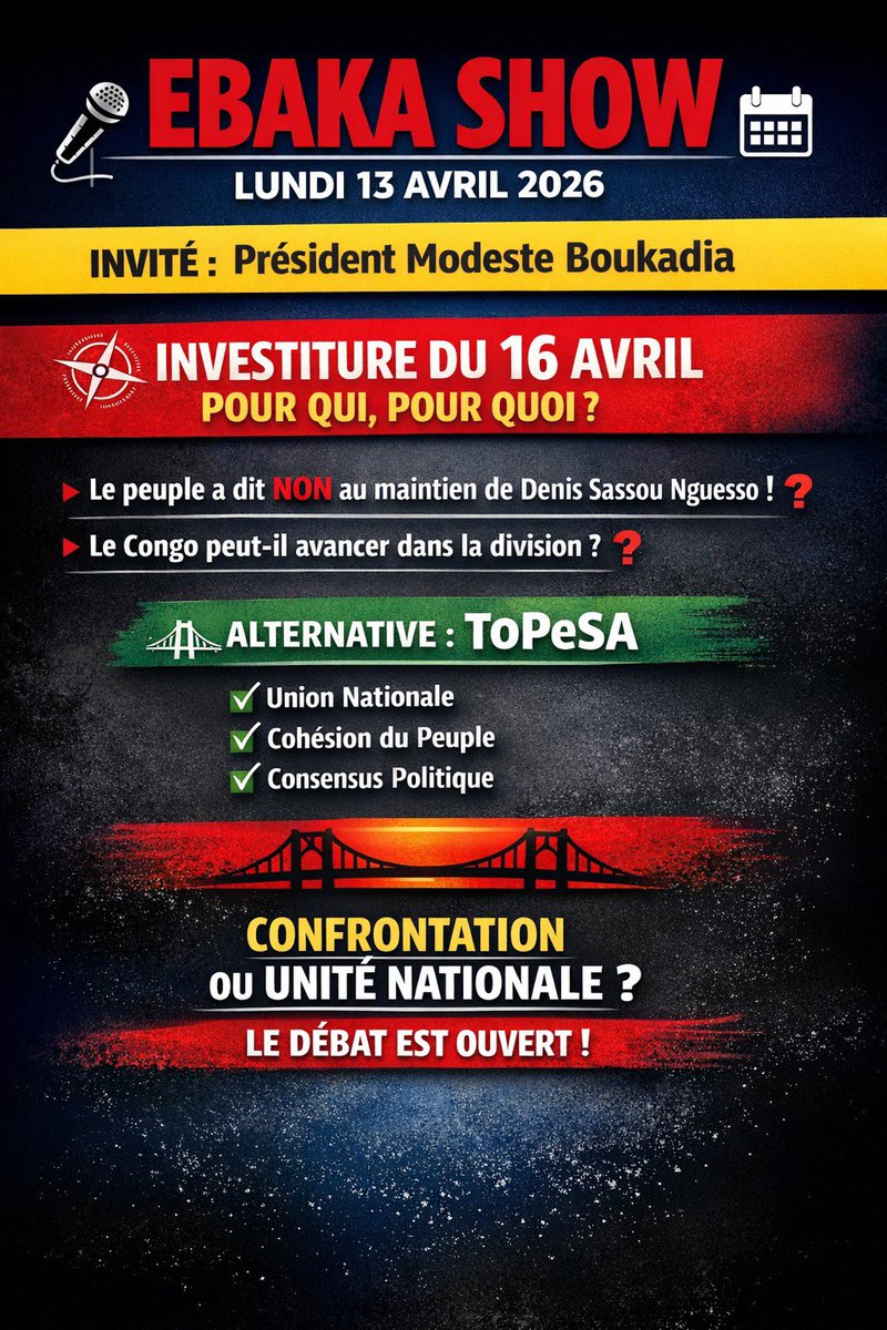 Modeste Boukadia sera dans Ebaka Show le lundi 13 avril à 16H00 sur Facebook. Alors que le peuple a déjà exprimé sa position par une abstention massive, traduisant un refus du maintien au pouvoir de Denis Sassou Nguesso à quoi sert l’investiture du 16 avril ? L’heure est à ToPeSA