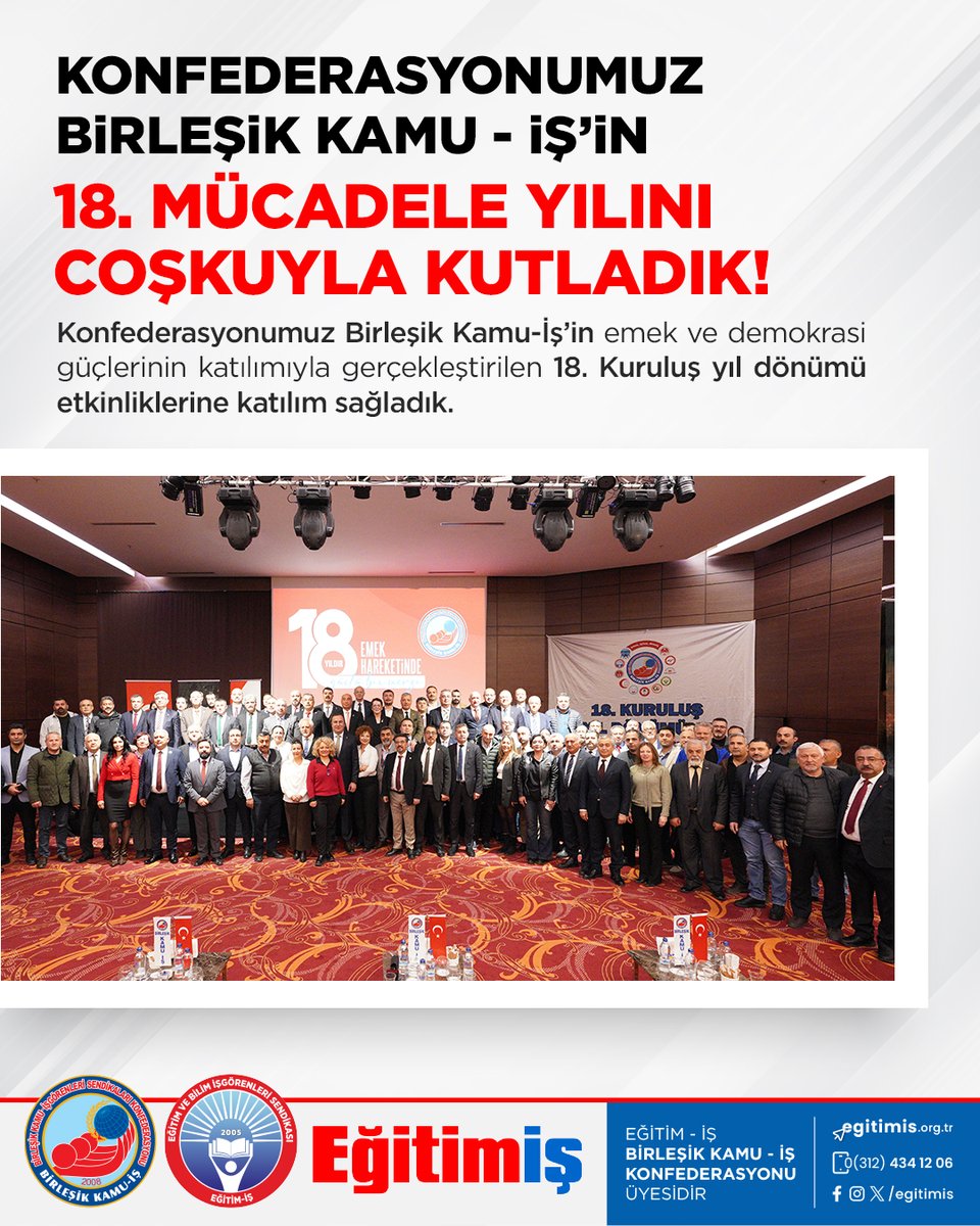 egitimisorg's tweet photo. Konfederasyonumuz Birleşik Kamu-İş’in 18. mücadele yılını coşkuyla, büyük bir aile olarak kutladık.

Genel Başkanımız Kadem, Özbay, Genel Sekreterimiz Seher Ergin, Genel Mali Sekreterimiz Doğan Dağdelen, Genel Örgütlenme Sekreterimiz Bülent Metin, Genel Özlük-Hukuk ve TİS Sekreterimiz Yeliz Toy, Genel Eğitim Sekreterimiz Veli Fırat Şimşek, Genel Basın-Yayın ve Uluslararası İlişkiler Sekreterimiz Hüseyin Selçuk, Konfederasyonumuz Birleşik Kamu-İş Genel Başkanı Orhan Yıldırım ve MYK üyeleri, sendikamızın yöneticileri ve üyeleri, konfederasyonumuza bağlı sendikaların başkanları ve yöneticileri çok sayıda emek ve demokrasi örgütünden temsilcilerin katılımıyla gerçekleşen kutlamada hem sınıf dayanışmasının altı çizildi, hem de Anıtkabir ziyaret edilerek emek ve demokrasi mücadelesinin Cumhuriyet kavgasından ayrı görülemeyeceği bir kez daha vurgulandı. Şimdi sırada 18 yaşın heyecanını, bir asırlık tecrübeyle harmanlamak var!

Fotoğrafları görmek için tıklayınız:
https://t.co/B5PoMeEios