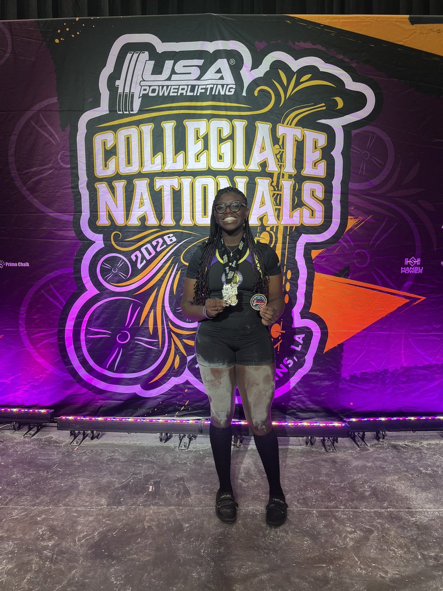 DefiCollegePWR's tweet photo. We are so proud of Mikayla and her HUGE performance in her USAPL Collegiate Nationals debut! She came into the meet ranked 7th place, and ended up taking 2nd place! She is the new American record holder of the Collegiate 90kg Raw Deadlift at 227.5 kg/501 pounds! https://t.co/2q2t0Q9Fez