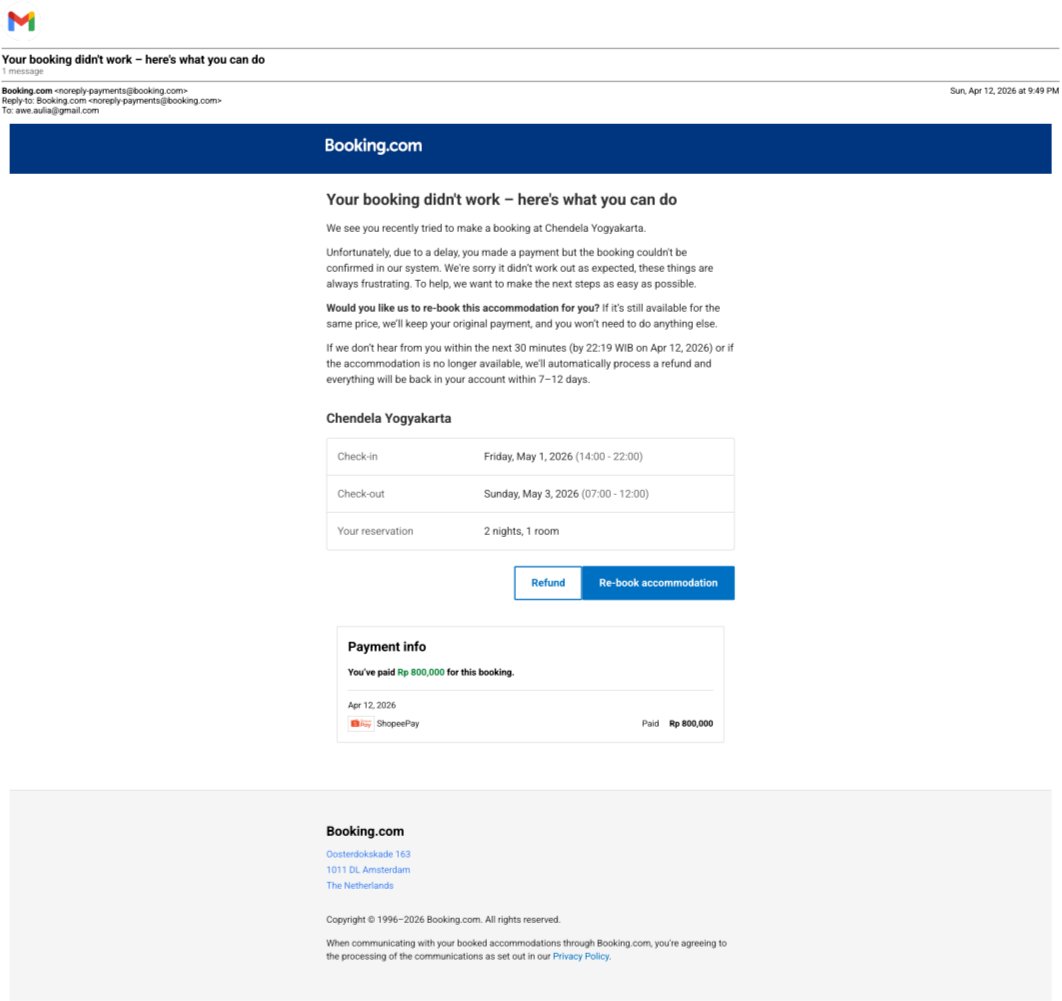 awelia's tweet photo. hello @bookingcom I already paid accomodations for stays in chendela Yogyakarta. I didn't receive any of confirmation number or pin. I received "Your booking didn't work.." The option is to rebook (but 403 error page), the problems also the same with refund button https://t.co/hwb5jrNYj2