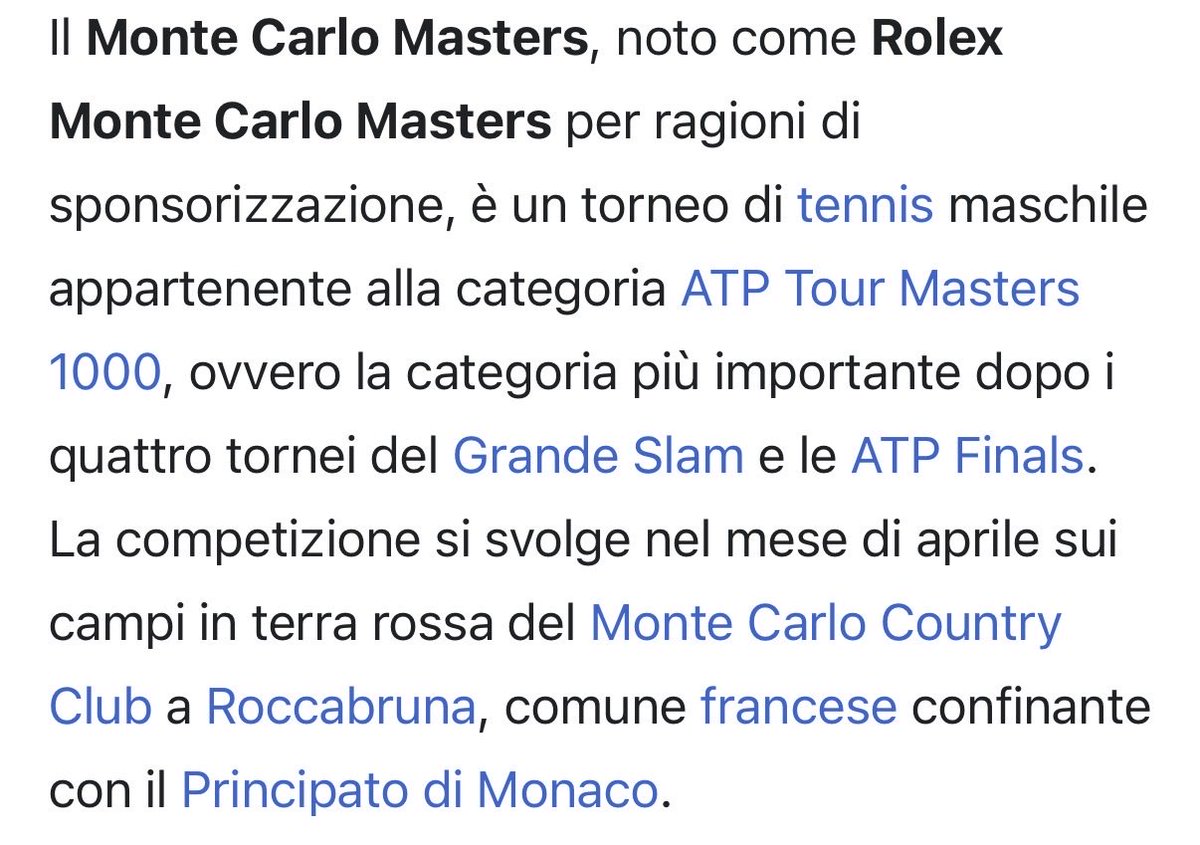 Scopro oggi che il Monte Carlo master 1000 non si svolge né a Montecarlo né tanto meno nel Principato di Monaco ma affianco (deduco perché è un buco e non ci sta spazio) #sinner #sincaraz