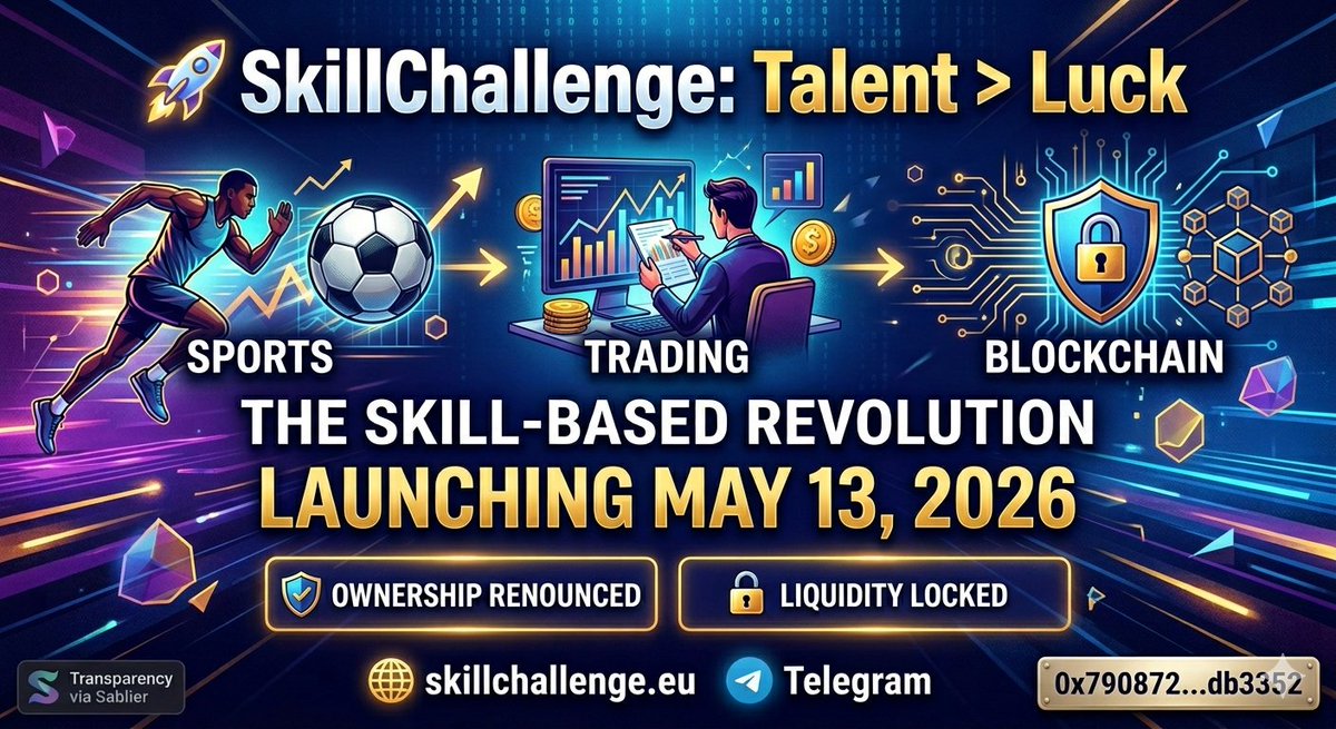 Skilltoken2's tweet photo. @binance 🚀 SkillChallenge: Talent > Luck Merging Sports, Trading &amp; Blockchain.
🔥 Live: Referral &amp; Stickers
⏳ Soon: Staking &amp; Main Games
💎 Supply: 1B (ERC-20)
📅 Launch: May 13, 2026
🔒 Ownership Renounced + Liquidity Locked
On-chain transparency via Sablier.
🔗 https://t.co/uyUYVqrteq https://t.co/6FZsUukZkn