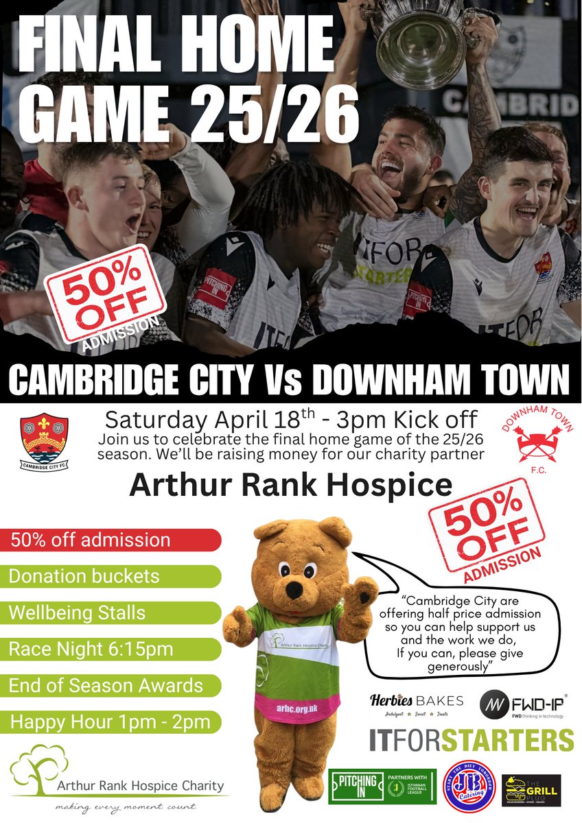 Final Home Game Vs <a href="/Downham_TownFC/">Downham Town FC</a> 
18th April - 3pm kick off

🎟️ 50% OFF entry 
📈 Let's try and beat the seasons highest attendance
🌳Raising money for <a href="/ArthurRankHouse/">Arthur Rank Hospice</a> 
❤️Wellness Day
🍻Happy Hour 
⚽️Player of the year Awards
🐎Race Night 

Let’s finish the season in style 👊