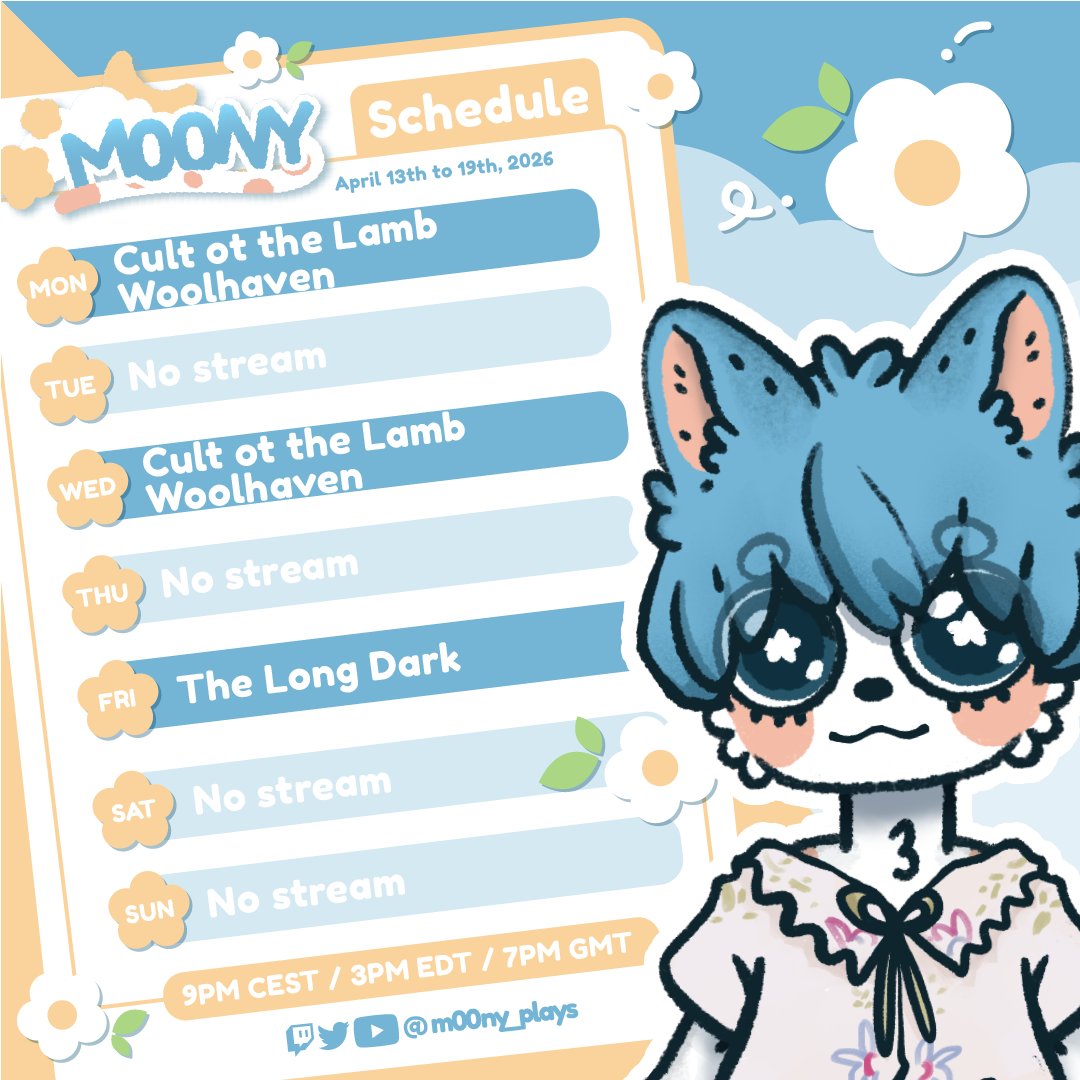 ⭐️WEEKLY STREAM SCHEDULE ⭐️
 📅April 13th to 19th 2026
 🟣On twitch.tv/m00ny_plays

✦ Monday: Cult of The Lamb, Woolhaven
✦ Wednesday: Cult of The Lamb, Woolhaven
✦ Friday: The Long Dark - Episode 5