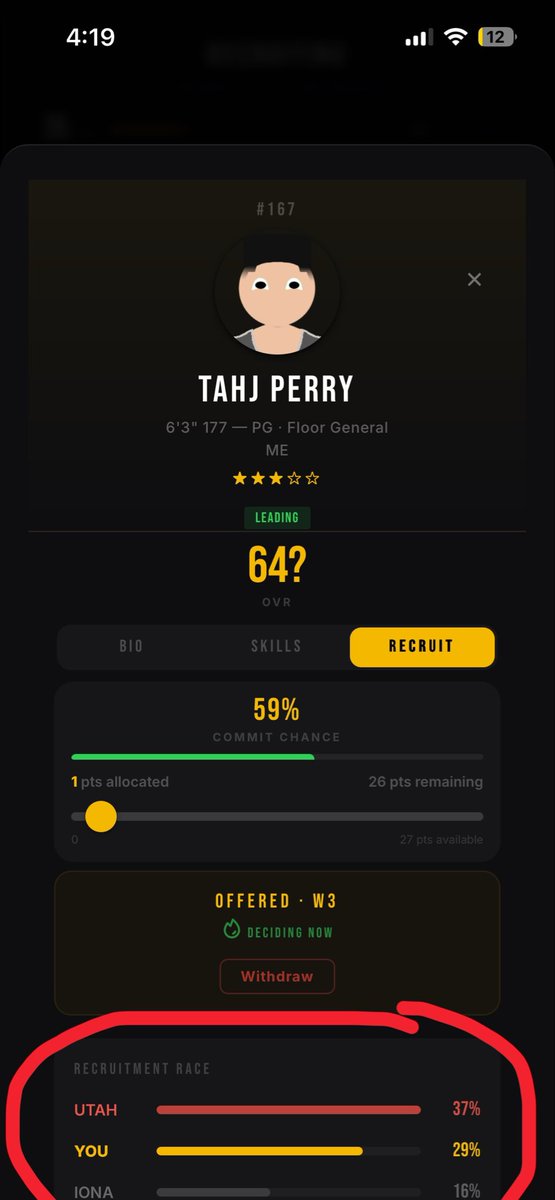 RealGiantSlug's tweet photo. @HardwooodEmpire any idea why when I put 1 recruiting point the % chance bugs out? When I go to 2 points it shows what it is actually supposed to be. Thanks! https://t.co/YMfubwaXks