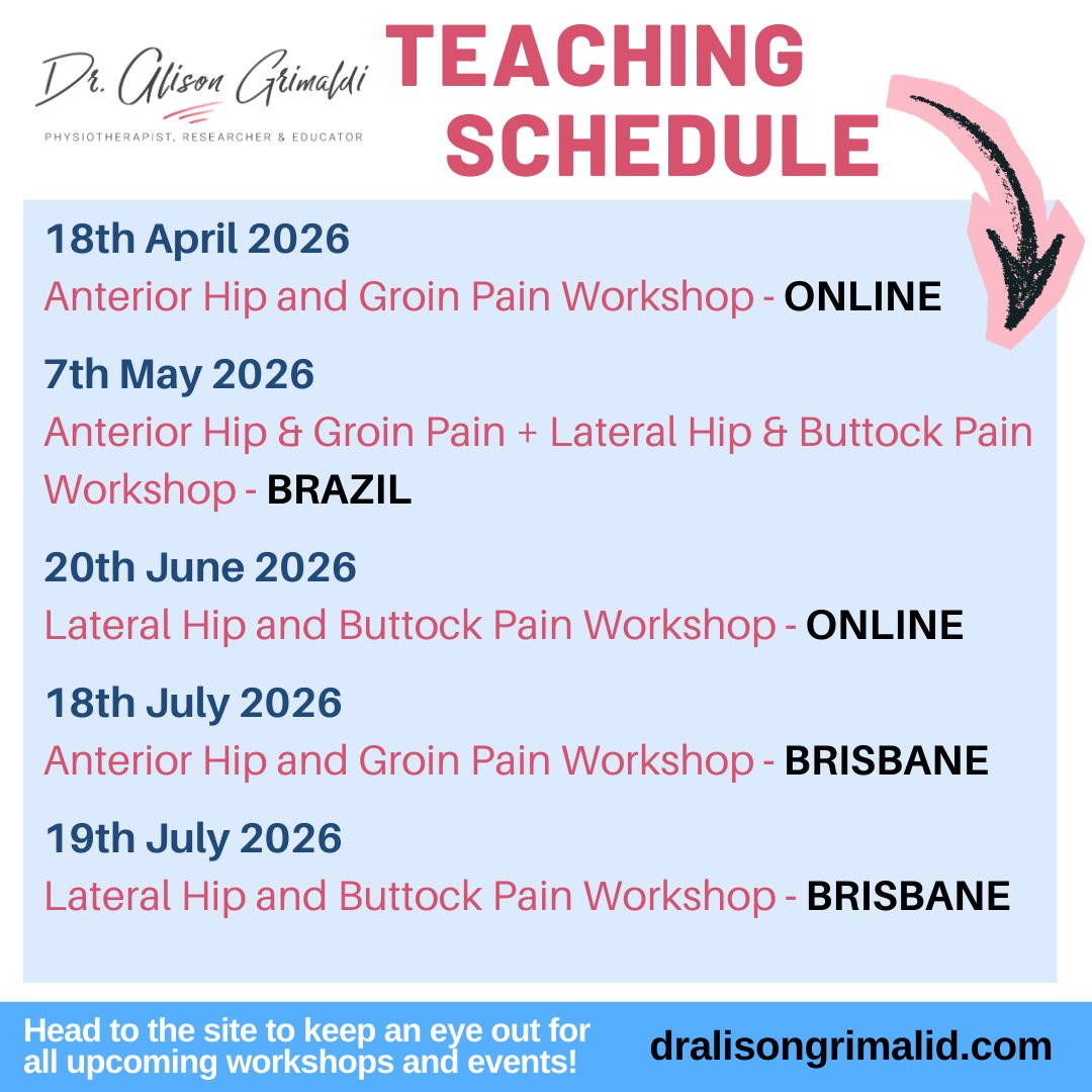 alisongrimaldi's tweet image. 📅 Teaching Schedule 2026!
Join me for evidence-based, clinically focused workshops to level up your hip &amp;amp; buttock pain management skills 🌍
Stay updated &amp;amp; see dates: dralisongrimaldi.com/events/
#HipRehab #PhysioEducation #HipPain