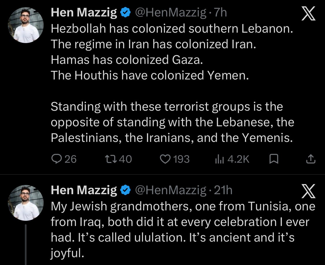 An Israeli: Lebanese colonised Lebanon. Iranians colonised Iran. Palestinians colonised Palestine. Yemenis colonised Yemen.

Same Israeli few hours earlier: my grandparents came from Iraq and Tunisia💕