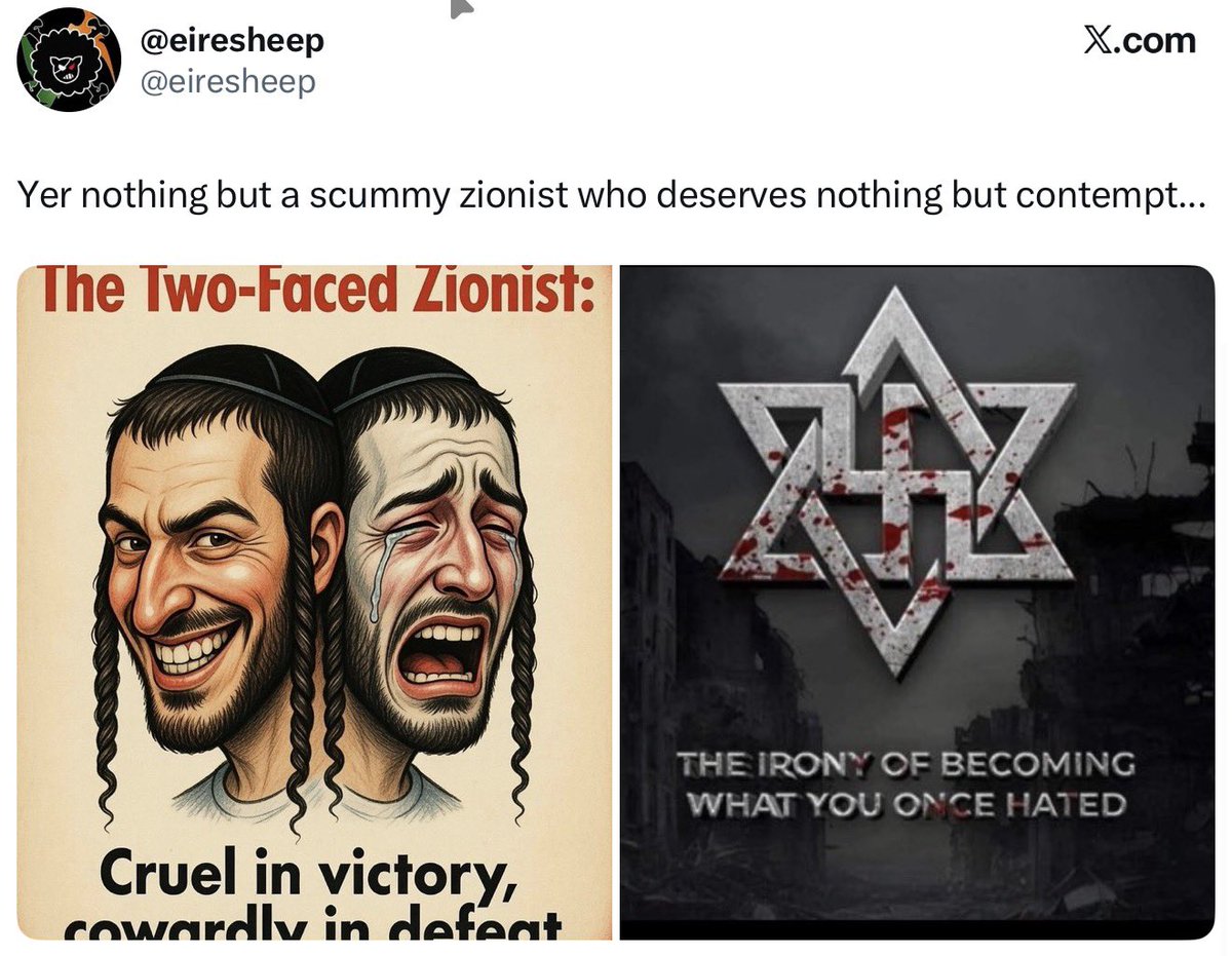 I don’t generally share my hate replies, but people should know, this is what you get if you defend Zionism or Israel in any way on Irish twitter. 

And you get this constantly. It never stops.

And I’m not even Jewish. I can’t imagine what they go through.