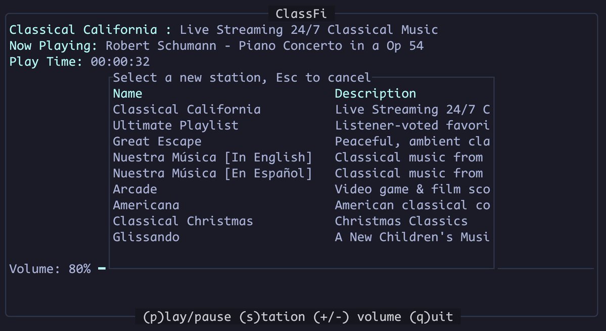 orhundev's tweet image. We're playing /bin/bach 🎶

🎻 classfi — A terminal-based classical music player

💯 Stream stations, switch themes &amp;amp; control playback

🦀 Written in Rust &amp;amp; built with @ratatui_rs

⭐ GitHub: github.com/carmiac/classfi

#rustlang #ratatui #tui #classical #music #player #productivity