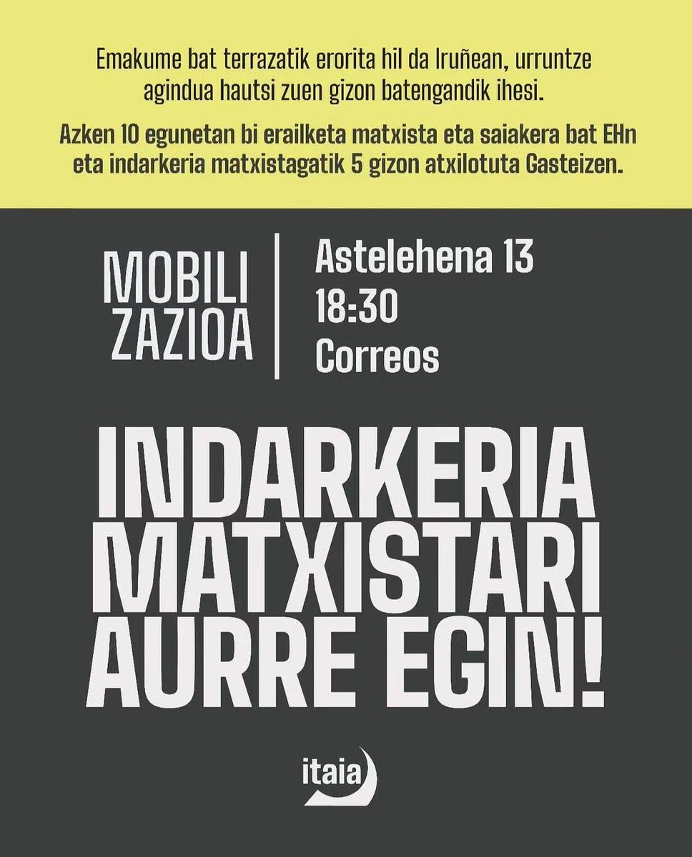 🔴 BESTE ERAILKETA MATXISTA BAT EUSKAL HERRIAN!!

MOBILIZAZIOA
🗓️ Astelehena 13
🕘 18:30
📍 Correos

Aski da❗❗
Indarkeria matxistari aurre egin!