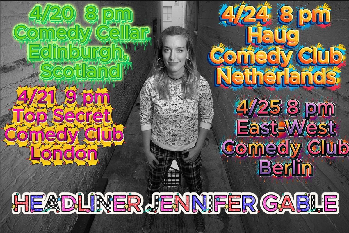 Jennifer_Gable6's tweet image. ✈️🌏🚂 
April 20 Comedy Cellar, 8 pm Edinburgh, Scotland 🏴󠁧󠁢󠁳󠁣󠁴󠁿 April 21 Top Secret Comedy Club, 9 pm London 🇬🇧 April 24 Haug Comedy Club 8 pm, Netherlands 🇳🇱 April 25 East-West Comedy Club 8 pm, Berlin 🇩🇪 
📺 🎟️🎫JenniferGableOfficial.com 🎟️ 🎫 🫳🎤  
#Comedian #touring #Headliner