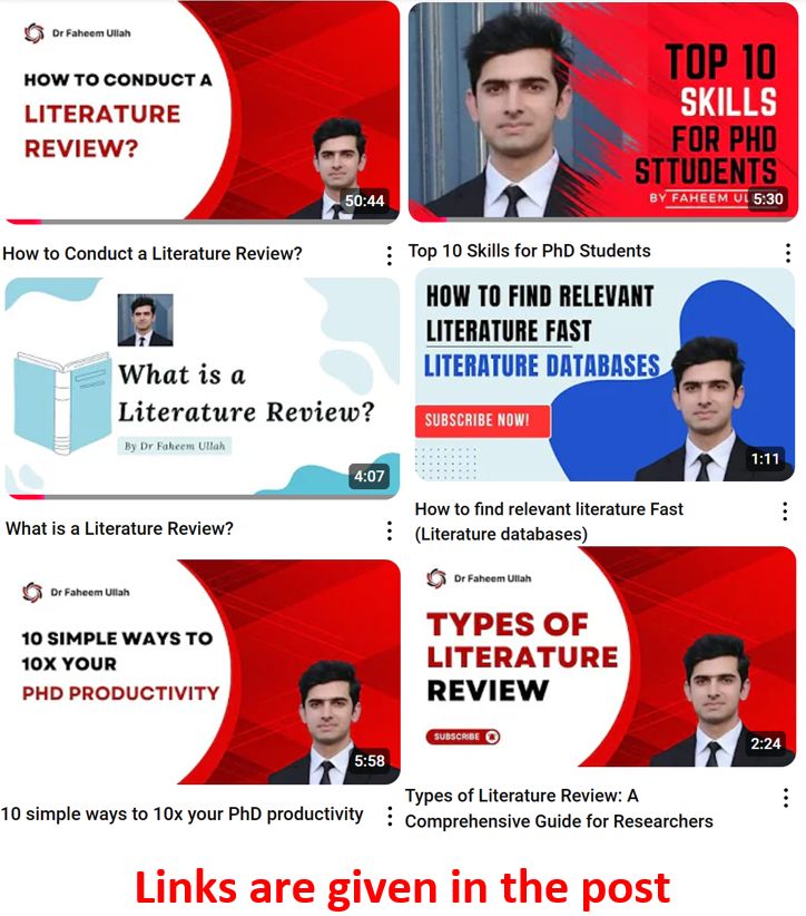 PhD Students - 6 videos you may find useful.

𝟏. 𝐇𝐨𝐰 𝐭𝐨 𝐜𝐨𝐧𝐝𝐮𝐜𝐭 𝐚 𝐥𝐢𝐭𝐞𝐫𝐚𝐭𝐮𝐫𝐞 𝐫𝐞𝐯𝐢𝐞𝐰?

You will learn the following.

- Step by step guide for conducting literature review.

- Structure of a literature review.

- Tools for literature review

Link: