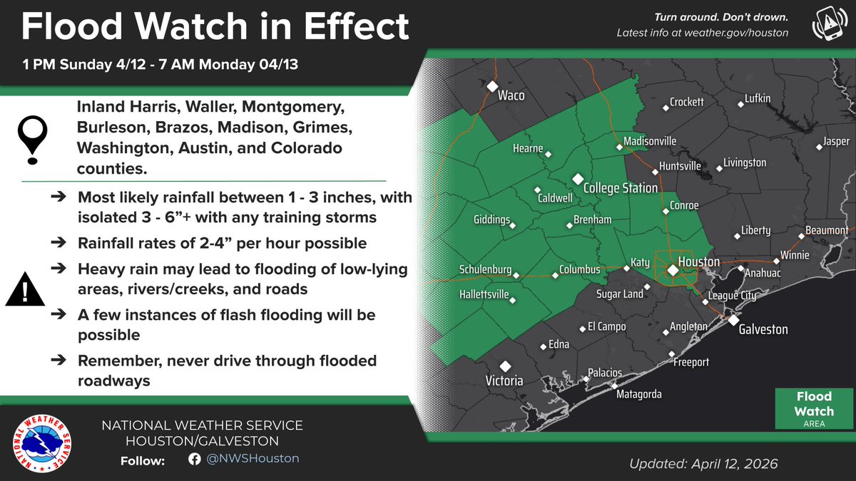 Based on latest radar trends, the Flood Watch has been expanded to include inland Harris, Waller, and Montgomery counties. Rainfall rates of 2-4" per hour and training storms may lead to street flooding and isolated instances of flash flooding within the Watch area. #HOUwx