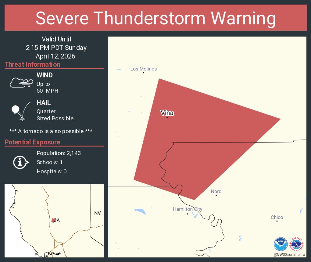 NWSSacramento's tweet photo. Severe Thunderstorm Warning including Vina CA until 2:15 PM PDT https://t.co/AkxX7N15yO