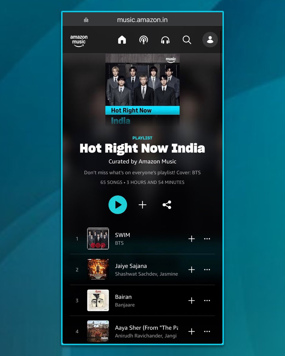 #BTS_SWIM tops the “Hot Right Now India” Amazon playlist!! Congrats 🇮🇳 Amazon ARMY!!

Let’s celebrate by streaming #BTS daily &amp; often here. Playlist available in both India &amp; US: 

🇮🇳 🔗 music.amazon.in/playlists/B0D3…

🇺🇸 🔗 music.amazon.com/playlists/B0GW…

#ARMYonAmazon
 <a href="/AmazonMusicIN/">Amazon Music India</a>