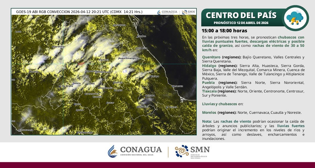 conagua_clima's tweet image. Se pronostican #Chubascos con #Lluvias fuertes, #DescargasEléctricas, posible #Granizo y #Rachas de #Viento de 30 a 50 km/h, en zonas de la #CDMX, el #EdoMéx y los estados del centro dela República Mexicana, durante las siguientes horas  ⬇️