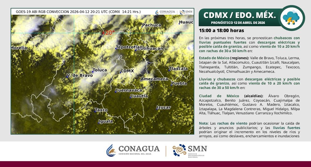 conagua_clima's tweet image. Se pronostican #Chubascos con #Lluvias fuertes, #DescargasEléctricas, posible #Granizo y #Rachas de #Viento de 30 a 50 km/h, en zonas de la #CDMX, el #EdoMéx y los estados del centro dela República Mexicana, durante las siguientes horas  ⬇️