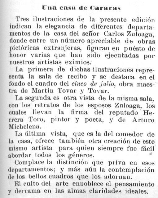 CojoIlustrado's tweet image. #Caracas: casa del señor Carlos Zuloaga. Allí figuran en puesto de honor varias obras de nuestros artistas. Destacan el cuadro del 5 de Julio de Tovar y Tovar; también los retratos de los esposos Zuloaga de Herrera Toro y Arturo Michelena. #ElCojoILustrado agosto, 1901.